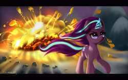 Size: 3500x2216 | Tagged: safe, artist:darksly, character:starlight glimmer, species:pony, species:unicorn, episode:the ending of the end, g4, my little pony: friendship is magic, badass, cool guys don't look at explosions, cutie mark, explosion, female, fire, glowing horn, horn, magic, magic aura, mare, scene interpretation, solo, walking