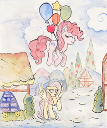 Size: 2000x2394 | Tagged: safe, artist:nedemai, character:fluttershy, character:pinkie pie, species:earth pony, species:pegasus, species:pony, g4, balloon, chest fluff, duo, female, floating, looking up, mare, painting, ponyville, profile, raised hoof, spread wings, surprised, then watch her balloons lift her up to the sky, traditional art, watercolor painting, wings