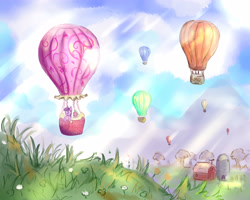 Size: 5000x4000 | Tagged: safe, artist:nedemai, character:spike, character:twilight sparkle, species:dragon, species:pony, g4, absurd resolution, air balloon, balloon, barn, crepuscular rays, digital art, female, floating, grass, hot air balloon, male, mare, scenery, silo, tree