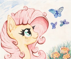 Size: 1200x1000 | Tagged: safe, artist:nedemai, character:fluttershy, species:pegasus, species:pony, g4, butterfly, cute, female, flower, fluttershy day, mare, painting, profile, shyabetes, smiling, solo, traditional art, watercolor painting