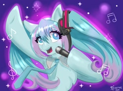 Size: 1353x1000 | Tagged: safe, artist:nedemai, kotobukiya, species:earth pony, species:pony, g4, abstract background, anime, colored eyebrows, colored pupils, crossover, dancing, digital art, eyebrows, eyebrows visible through hair, female, hatsune miku, headphones, kotobukiya hatsune miku pony, microphone, necktie, ponified, signature, singing, solo, species swap, vocaloid