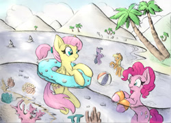 Size: 1400x1006 | Tagged: safe, artist:nedemai, character:applejack, character:fluttershy, character:pinkie pie, character:twilight sparkle, character:twilight sparkle (alicorn), species:alicorn, species:earth pony, species:pegasus, species:pony, newbie artist training grounds, g4, alternate hairstyle, atg 2021, ball, beach, beach ball, boat, eyebrows, female, fish, inflatable, inflatable toy, looking at each other, mare, outdoors, palm tree, ponytail, profile, sailboat, smiling, summer, three quarter view, toy, tree, water