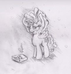 Size: 1200x1238 | Tagged: safe, alternate version, artist:nedemai, character:cozy glow, species:pegasus, species:pony, newbie artist training grounds, g4, atg 2021, book, candle, female, filly, freckles, grayscale, monochrome, pencil drawing, smiling, smirk, solo, spread wings, traditional art, wings, young