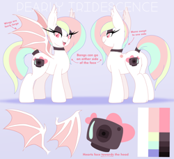 Size: 4425x4044 | Tagged: safe, artist:pearlyiridescence, oc, oc only, oc:pearly iridescence, species:bat pony, species:pony, bat wings, cutie mark, ear fluff, explicit source, female, mare, purple background, reference sheet, simple background, slit eyes, solo, spread wings, watermark, wings