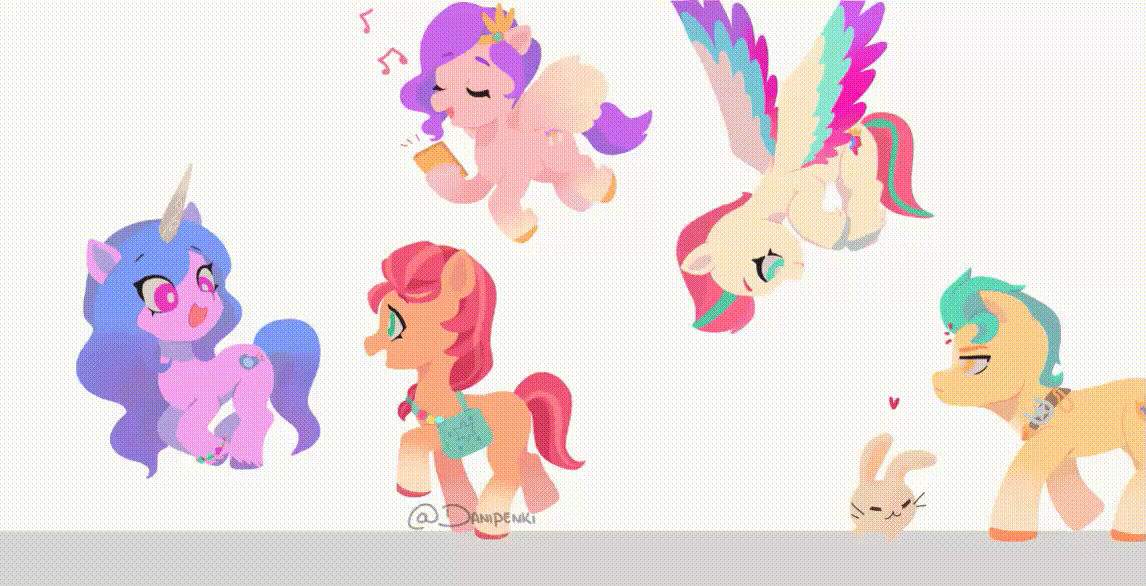 Size: 1146x586 | Tagged: safe, artist:danipenki, character:hitch trailblazer, character:izzy moonbow, character:pipp petals, character:sunny starscout, character:zipp storm, species:earth pony, species:pegasus, species:pony, species:unicorn, g5, my little pony: a new generation, adorapipp, adorazipp, animal, animated, bag, blaze (coat marking), bouncing, bracelet, coat markings, colored eyebrows, colored hooves, colored wings, cute, eye clipping through hair, eye contact, eyebrows, eyebrows visible through hair, eyes closed, featured on derpibooru, female, floating heart, flying, gif, gradient hair, heart, hitch is not amused, hitchbetes, hoof hold, hooves, hopping, horn, izzybetes, jewelry, looking at each other, looking at someone, looking back, loop, male, mane g5, mare, multicolored hair, multicolored mane, multicolored wings, music notes, open mouth, open smile, phone, pipp wings, profile, pronking, purple mane, purple tail, rabbit, satchel, signature, smiling, socks (coat marking), spread wings, stallion, sunnybetes, tail, three quarter view, translated in the comments, two toned mane, two toned tail, unshorn fetlocks, walk cycle, walking, wall of tags, weapons-grade cute, wings