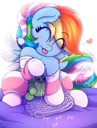 Size: 3200x4200 | Tagged: safe, artist:heavymetalbronyyeah, artist:lefthighkick, character:rainbow dash, species:pegasus, species:pony, g4, blep, blushing, bubble wrap, clothing, collaboration, cute, dashabetes, explicit source, eyebrows, eyebrows visible through hair, eyes closed, female, floating heart, happy, hat, heart, high res, mare, nightcap, onomatopoeia, plushie, socks, solo, spread wings, striped socks, tail, tail wag, tongue out, tortoise, toy, wings
