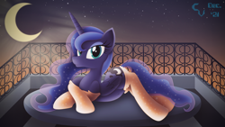 Size: 4604x2590 | Tagged: safe, artist:cosmikvek, character:princess luna, species:alicorn, species:pony, g4, balcony, belly button, clothing, dusk, female, looking at you, lying down, mare, moon, prone, smiling, smiling at you, socks, solo, stars, thigh highs, three quarter view