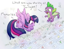 Size: 1360x1036 | Tagged: safe, artist:nedemai, character:spike, character:twilight sparkle, character:twilight sparkle (alicorn), species:alicorn, species:dragon, species:pony, newbie artist training grounds, g4, atg 2021, cute, dialogue, digital art, eyebrows, eyebrows visible through hair, female, flower, lying down, male, mare, memories, no pupils, open mouth, ponyloaf, profile, prone, smiling, spread wings, text, twiabetes, winged spike, wings