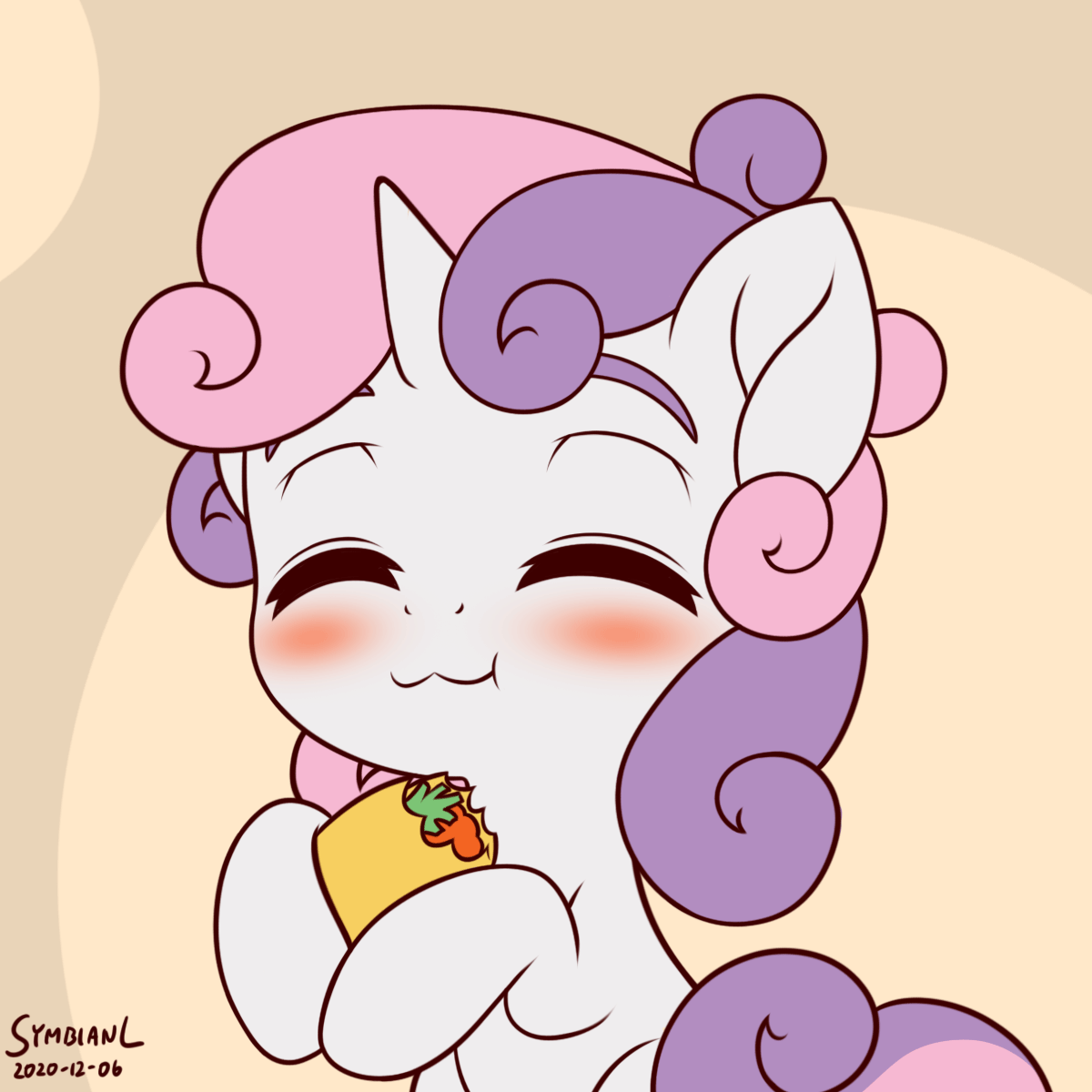 Size: 1200x1200 | Tagged: safe, artist:symbianl, character:sweetie belle, species:pony, species:unicorn, g4, :3, animated, blushing, colored eyebrows, cute, diasweetes, eating, eyebrows, eyes closed, female, filly, food, frame by frame, gif, hoof hold, munching, parody, pun, signature, simple background, smiling, solo, symbianl is trying to murder us, taco, taco bell, taco belle, thick eyebrows, vegetarian, weapons-grade cute, young