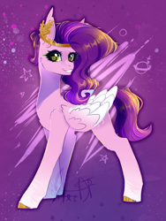 Size: 1500x2000 | Tagged: safe, artist:rainbowgirlyt, character:pipp petals, species:pegasus, species:pony, g5, my little pony: a new generation, abstract background, circlet, colored hooves, female, hooves, looking at you, mare, pipp wings, signature, smiling, solo, three quarter view, unshorn fetlocks, wings