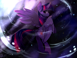 Size: 1253x949 | Tagged: safe, artist:rainbowgirlyt, character:twilight sparkle, character:twilight sparkle (alicorn), species:alicorn, species:pony, g4, abstract background, curved horn, female, horn, looking back, mare, profile, signature, solo, spread wings, wings