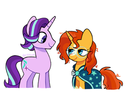 Size: 1280x972 | Tagged: safe, artist:riss-mlp, character:starlight glimmer, character:sunburst, species:pony, species:unicorn, g4, black outlines, cloak, clothing, eye clipping through hair, female, glasses, looking at each other, male, mare, profile, rule 63, signature, simple background, smiling, stallion, stellar gleam, sunburst's cloak, sunburst's glasses, sunstone (g4 r63 sunburst), three quarter view, white background