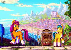 Size: 7016x4961 | Tagged: safe, artist:jowyb, character:hitch trailblazer, character:sunny starscout, species:earth pony, species:pony, g5, my little pony: a new generation, absurd file size, absurd resolution, blaze (coat marking), building, cityscape, cliff, coat markings, cobblestone street, colored hooves, cute, female, hitchbetes, hooves, lamppost, male, mare, maretime bay, mountain, mountain range, ocean, open mouth, open smile, raised hoof, signature, smiling, socks (coat marking), stallion, sunnybetes, three quarter view, trolley, unshorn fetlocks