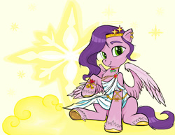 Size: 1280x989 | Tagged: safe, artist:sallycars, character:pipp petals, species:pegasus, species:pony, g5, abstract background, circlet, colored eyebrows, colored hooves, digital art, eyebrows, female, hooves, mare, ms paint, pipp wings, sitting, solo, spread wings, unshorn fetlocks, wings
