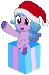 Size: 1024x1557 | Tagged: safe, artist:emeraldblast63, character:izzy moonbow, species:pony, species:unicorn, g5, my little pony: a new generation, bracelet, christmas, clothing, colored hooves, female, g5 to g4, gradient hair, hat, holiday, hooves, jewelry, multicolored hair, open mouth, open smile, present, raised hoof, santa hat, simple background, smiling, solo, transparent background, unshorn fetlocks