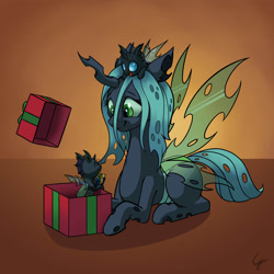 Size: 2195x2195 | Tagged: safe, artist:cyonixcymatro, character:queen chrysalis, species:changeling, g4, changeling queen, christmas, christmas changeling, christmas presents, cute, cutealis, eyes closed, female, gift box, gift giving, high res, holiday, looking at each other, looking at someone, lying down, male, mommy chrissy, open mouth, present, prone, sitting on head, smiling, spread wings, stray strand, weapons-grade cute, wings
