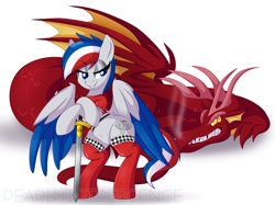 Size: 2221x1663 | Tagged: safe, artist:pearlyiridescence, character:basil, oc, oc:petrol pegasus, species:pony, g4, bipedal, bipedal leaning, clothing, colored wings, cutie mark, duo, duo male and female, explicit source, eyebrows, featureless crotch, female, jacket, latex, latex socks, leaning, lidded eyes, looking back, male, mare, multicolored wings, race queen, sharp teeth, simple background, smirk, smoke, socks, spread wings, stockings, sword, thigh highs, weapon, white background, wings