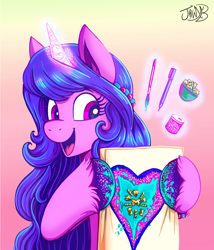 Size: 3508x4098 | Tagged: safe, artist:jowybean, character:izzy moonbow, species:pony, species:unicorn, g5, my little pony: a new generation, colored hooves, cute, female, glitter, glowing, glowing horn, gradient background, gradient hair, hoof hold, hooves, horn, izzybetes, magic, magic aura, mare, multicolored hair, open mouth, open smile, paint, paintbrush, simple background, smiling, solo, telekinesis, unshorn fetlocks