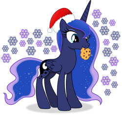 Size: 6171x5796 | Tagged: safe, artist:anime-equestria, character:princess luna, species:alicorn, species:pony, g4, christmas, clothing, cookie, cute, digital art, eyeshadow, female, food, happy, hat, holding, holiday, horn, lunabetes, makeup, mare, mouth hold, santa hat, simple background, snow, snowflake, solo, transparent background, vector, wings