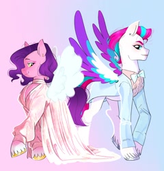 Size: 1708x1781 | Tagged: safe, artist:aztrial, character:pipp petals, character:zipp storm, species:pegasus, species:pony, g5, my little pony: a new generation, bow tie, clothing, coat markings, colored eyebrows, colored hooves, colored wings, dress, duo, eyebrows, female, gradient background, hooves, looking at you, mare, multicolored wings, pipp wings, profile, siblings, sisters, socks (coat marking), spread wings, suit, unshorn fetlocks, wings
