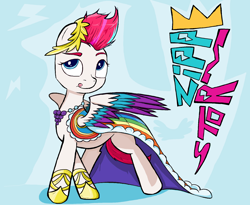 Size: 1964x1608 | Tagged: safe, artist:sallycars, character:zipp storm, species:pegasus, species:pony, g5, my little pony: a new generation, blue background, clothing, colored eyebrows, colored wings, digital art, dress, female, g5 to g4, gala dress, mare, ms paint, multicolored wings, simple background, solo, text, tongue out, wings