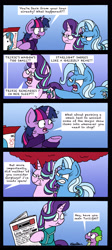 Size: 1771x3966 | Tagged: safe, artist:bobthedalek, character:spike, character:starlight glimmer, character:trixie, character:twilight sparkle, character:twilight sparkle (alicorn), species:alicorn, species:dragon, species:pony, species:unicorn, episode:on the road to friendship, g4, my little pony: friendship is magic, anger magic, angry, bathrobe, blue background, cereal, clothing, comic, dialogue, female, food, implied murder, magic, male, mare, messy mane, newspaper, ragelight glimmer, robe, scrunchy face, simple background, speech bubble, text