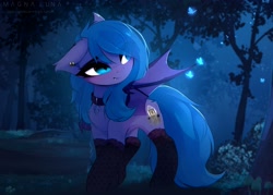 Size: 4096x2936 | Tagged: safe, artist:magnaluna, oc, oc only, oc:belfry towers, species:bat pony, species:pony, g4, bat wings, butterfly, chest fluff, clothing, ear down, ear fluff, ear piercing, eye clipping through hair, eyebrows, eyebrows visible through hair, female, forest, jewelry, mare, night, one ear down, piercing, socks, solo, wings