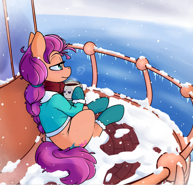Size: 2000x1950 | Tagged: safe, artist:skoon, character:sunny starscout, species:earth pony, species:pony, g5, my little pony: a new generation, braid, chocolate, clothing, drink, eyebrows, featured image, female, food, hoof hold, hot chocolate, jacket, lighthouse, mare, ocean, profile, sitting, snow, socks, solo, winter