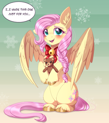 Size: 2038x2302 | Tagged: safe, artist:_ladybanshee_, character:fluttershy, species:pegasus, species:pony, g4, abstract background, alternate hairstyle, bear, blushing, braid, chest fluff, christmas, colored eyebrows, colored hooves, colored pupils, cute, dialogue, ear down, ear fluff, eyebrows, female, holiday, hoof fluff, hoof hold, hooves, looking at you, mare, one ear down, open mouth, plushie, shyabetes, sitting, solo, speech bubble, spread wings, teddy bear, text, toy, unshorn fetlocks, wholesome, wing fluff, wings