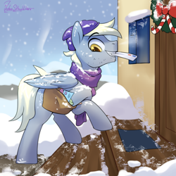 Size: 3000x3000 | Tagged: safe, artist:jedayskayvoker, character:derpy hooves, species:pegasus, species:pony, g4, beanie, christmas, christmas wreath, clothing, doormat, dopey hooves, facial hair, hat, high res, holding, holiday, house, letter, mail, mailbag, mailpony, male, mouth hold, profile, rule 63, scarf, signature, smiling, snow, solo, stallion, stubble, winter, wreath