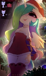 Size: 1555x2592 | Tagged: safe, artist:magnaluna, character:princess celestia, species:alicorn, species:pony, g4, chest fluff, choker, christmas, clothing, dress, female, floppy ears, hair over one eye, hat, holiday, jewelry, mare, necklace, present, santa hat, semi-anthro, socks, solo, stockings, thigh highs, wings