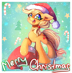Size: 1200x1221 | Tagged: safe, artist:chaosangeldesu, character:applejack, species:earth pony, species:pony, g4, christmas, clothing, cute, female, floppy ears, hat, holiday, jackabetes, mare, open mouth, open smile, sandbag, santa hat, santa sack, smiling, solo, text