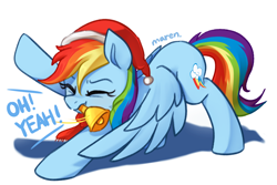 Size: 2948x1965 | Tagged: safe, artist:maren, character:rainbow dash, species:pegasus, species:pony, g4, bell, christmas, clothing, colored eyebrows, cute, dashabetes, dialogue, eyebrows, eyes closed, female, grin, hat, high res, holding, holiday, mare, mouth hold, raised hoof, santa hat, scarf, signature, simple background, smiling, solo, text, white background, wings
