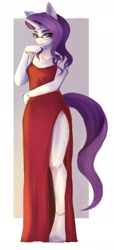 Size: 1211x2653 | Tagged: safe, artist:vetta, character:rarity, species:anthro, species:unguligrade anthro, species:unicorn, g4, abstract background, anklet, beautiful, bracelet, clothing, colored hooves, dress, female, glasses, hooves, jewelry, looking at you, mare, necklace, rarity's glasses, red dress, side slit, simple background, solo, total sideslit, unshorn fetlocks