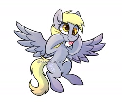 Size: 1750x1500 | Tagged: safe, artist:handgunboi, character:derpy hooves, species:pegasus, species:pony, g4, :p, blep, chest fluff, cute, derpabetes, eye clipping through hair, female, hooves on cheeks, mare, signature, simple background, solo, spread wings, tongue out, watermark, white background, wings