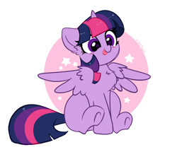 Size: 5179x4449 | Tagged: safe, artist:kittyrosie, character:twilight sparkle, character:twilight sparkle (alicorn), species:alicorn, species:pony, g4, abstract background, blep, blushing, chest fluff, cute, ear fluff, female, full body, high res, horn, mare, multicolored hair, purple eyes, signature, simple background, sitting, smiling, solo, spread wings, starry eyes, stars, tail, tongue out, twiabetes, underhoof, white background, wing fluff, wingding eyes, wings