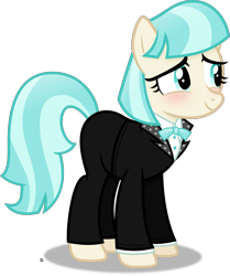 Size: 2583x3086 | Tagged: safe, artist:anime-equestria, character:coco pommel, species:earth pony, species:pony, g4, blushing, bowtie, clothing, digital art, female, happy, high res, mare, simple background, smiling, solo, suit, transparent background, tuxedo, vector