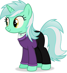 Size: 3755x4044 | Tagged: safe, artist:anime-equestria, character:lyra heartstrings, species:pony, species:unicorn, g4, clothing, digital art, female, full body, happy, high res, horn, jewelry, mare, multicolored mane, necklace, pants, shadow, simple background, smiling, solo, standing, sweater, tail, three quarter view, transparent background, two toned mane, two toned tail, vector