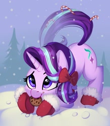 Size: 2026x2324 | Tagged: safe, artist:taneysha, character:starlight glimmer, species:pony, species:unicorn, g4, booties, candy, candy cane, cheek fluff, christmas, cookie, cute, ear fluff, face down ass up, female, food, glimmerbetes, high res, holding, holiday, mare, mouth hold, smiling, snow, snowfall, solo, winter