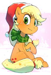 Size: 2220x3200 | Tagged: safe, artist:nendo, character:applejack, species:earth pony, species:pony, g4, abstract background, christmas, clothing, cute, eye clipping through hair, female, hat, holiday, jackabetes, looking at you, mare, raised hoof, santa hat, sitting, solo