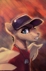 Size: 1500x2312 | Tagged: safe, artist:hierozaki, oc, oc only, species:pegasus, species:pony, g4, abstract background, baseball cap, cap, clothing, colored eyebrows, crossover, digital art, digital painting, dog tags, eyebrows, hat, male, profile, scout, shirt, solo, spread wings, stallion, team fortress 2, video game, wings