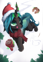 Size: 1597x2298 | Tagged: safe, artist:hitbass, character:queen chrysalis, species:changeling, g4, changeling queen, chocolate, christmas, clothing, cute, cutealis, donut, drink, female, food, glowing, glowing horn, hat, holiday, horn, hot chocolate, licking, licking lips, magic, magic aura, mug, santa hat, scarf, smiling, snow, solo, telekinesis, tongue out, tree, winter