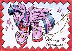 Size: 2045x1462 | Tagged: safe, artist:dandy, character:twilight sparkle, character:twilight sparkle (alicorn), species:alicorn, species:pony, g4, booties, christmas, christmas card, christmas lights, clothing, colored pencil drawing, cutie mark, female, holiday, lights, looking at you, mare, merry christmas, open mouth, scarf, smiling, solo, tail, text, traditional art, wings