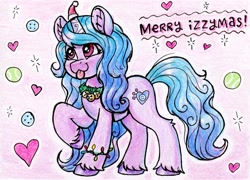 Size: 2047x1476 | Tagged: safe, artist:dandy, character:izzy moonbow, species:pony, species:unicorn, g5, bell collar, bracelet, christmas, christmas card, christmas lights, clothing, collar, colored pencil drawing, cute, cutie mark, ear fluff, female, gradient hair, hat, holiday, horn, horn cap, izzy's tennis ball, izzybetes, jewelry, lights, mare, merry christmas, multicolored hair, santa hat, solo, tail, tennis ball, tongue out, traditional art