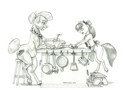 Size: 1500x1097 | Tagged: safe, artist:baron engel, character:apple bloom, character:granny smith, species:earth pony, species:pony, g4, apple family member, apron, baking, belly button, bipedal, bipedal leaning, black and white, bow, clothing, commission, cutie mark, duo, duo female, female, filly, grandmother and granddaughter, grayscale, hair bun, kitchen, leaning, mare, monochrome, neckerchief, open mouth, pencil drawing, profile, rolling pin, simple background, stool, tail, tail bun, traditional art, white background, young