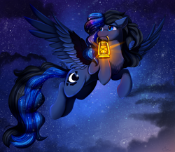 Size: 3509x3050 | Tagged: safe, artist:pridark, oc, oc only, species:pegasus, species:pony, g4, chest fluff, colored wings, cute, ear fluff, female, fluffy, flying, holding, lantern, mare, mouth hold, multicolored wings, night, night sky, not luna, ocbetes, sky, sky background, solo, stars, two toned wings, wings