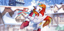 Size: 3000x1454 | Tagged: safe, artist:redchetgreen, oc, oc only, oc:diamond sun, species:pegasus, species:pony, g4, chest fluff, clothing, commission, cute, eyes closed, female, high res, mare, ocbetes, open mouth, open smile, scarf, shoes, signature, smiling, snow, snowball, snowball fight, solo, winter, winter outfit, ych result