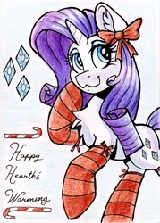 Size: 1471x2054 | Tagged: safe, artist:dandy, character:rarity, species:pony, species:unicorn, g4, clothing, colored pencil drawing, cutie mark, ear fluff, female, hearth's warming, hoof on cheek, horn, looking back, mare, simple background, smiling, socks, solo, stockings, striped socks, striped stockings, thigh highs, traditional art