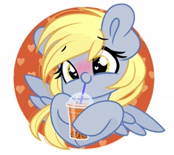 Size: 2048x1826 | Tagged: safe, artist:emberslament, character:derpy hooves, species:pegasus, species:pony, g4, blushing, boba tea, bubble tea, cute, dithering, drink, drinking, drinking straw, heart background, solo, straw