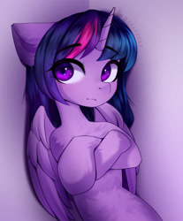 Size: 1208x1461 | Tagged: safe, artist:tatar.sauce, character:twilight sparkle, character:twilight sparkle (alicorn), species:alicorn, species:pony, g4, crossed hooves, eye clipping through hair, eyebrows, eyebrows visible through hair, female, floppy ears, fluffy, leaning, looking at you, mare, purple background, signature, simple background, solo, wings